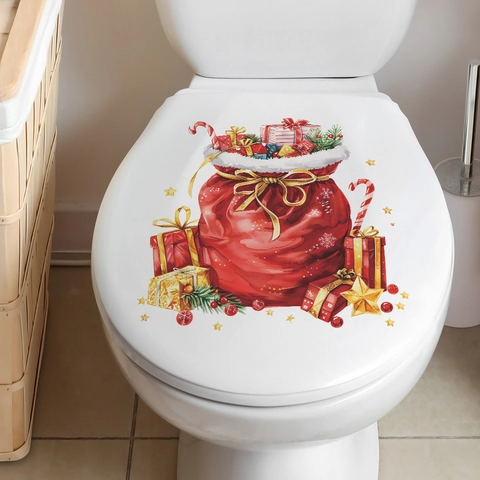 Weihnachten Festliche Geschenktüte Muster Toilettendeckel Aufkleber PVC Wasserdichte Wandtattoo Feiertag Badezimmer Deko
