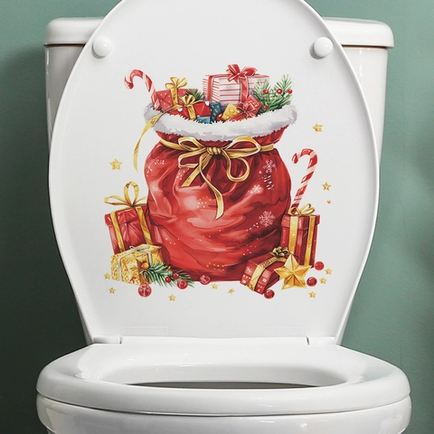 Weihnachten Festliche Geschenktüte Muster Toilettendeckel Aufkleber PVC Wasserdichte Wandtattoo Feiertag Badezimmer Deko