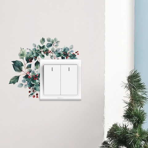 Adesivi Murali per Interruttori con Foglie Verdi e Bacche Rosse in Acquerello PVC Decalcomanie Floreali per la Casa