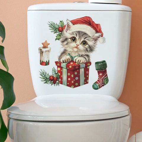 Kerstmis Schattige Kat Toiletsticker PVC Waterdicht Decoratieve Muursticker Voor Badkamer Huis Feestdagen Wanddecoratie