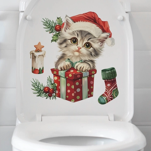 Kerstmis Schattige Kat Toiletsticker PVC Waterdicht Decoratieve Muursticker Voor Badkamer Huis Feestdagen Wanddecoratie