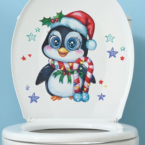 Kerst Pinguïn Toiletsticker PVC Waterdicht Verwijderbaar Cartoon Pinguïn Sterren Muursticker Voor Badkamer Huis Decor