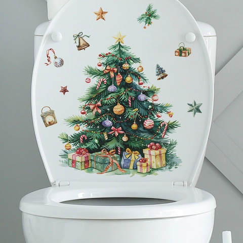 Adesivo per Coperchio WC Albero di Natale ad Acquerello PVC Removibile Decalcomania Festiva Con Regali Stelle Bagno Casa