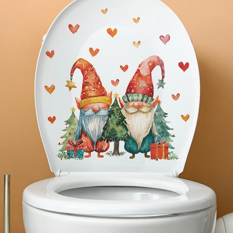 Christmas Gnomes PVC Toilet Stickers Waterproof Bathroom Decoration With Heart Pattern Xmas Tree Wall Art Decal For Home
