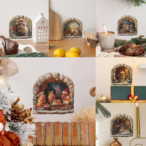 Creative 3D Christmas Mouse Hole Wall Sticker PVC Removable Hamster Stone Arch Decal For Home Decor Holiday Wall Mural