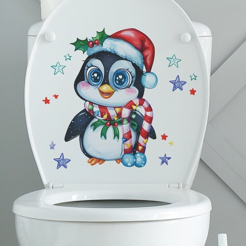 Kerst Pinguïn Toiletsticker PVC Waterdicht Verwijderbaar Cartoon Pinguïn Sterren Muursticker Voor Badkamer Huis Decor