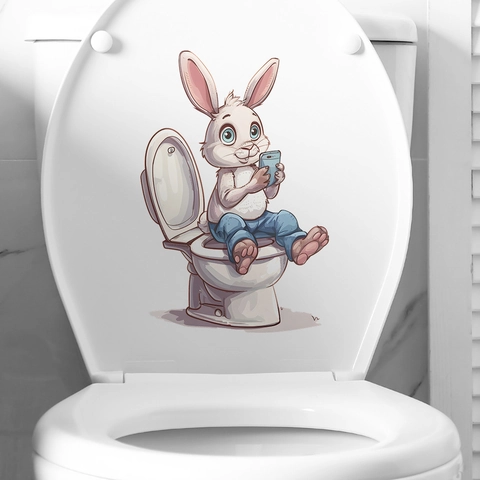 Lustiger Hase Sitzt Auf Der Toilette Und Spielt Mit Dem Handy Badezimmer Aufkleber PVC Wasserdicht Abnehmbar WC Deckel Deko