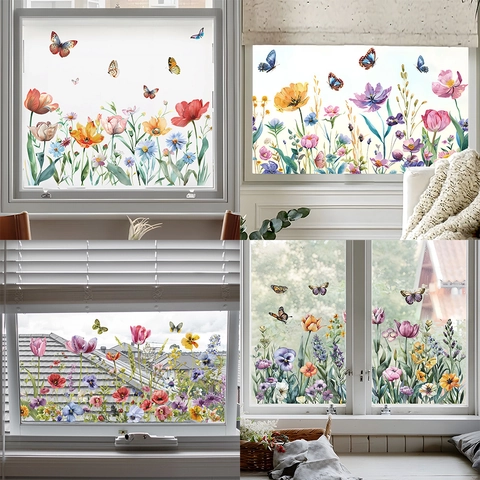 Fresh Watercolor Flower Butterfly Static Cling Window Sticker Decorative Glass Film For Home Living Room Bedroom Decoration