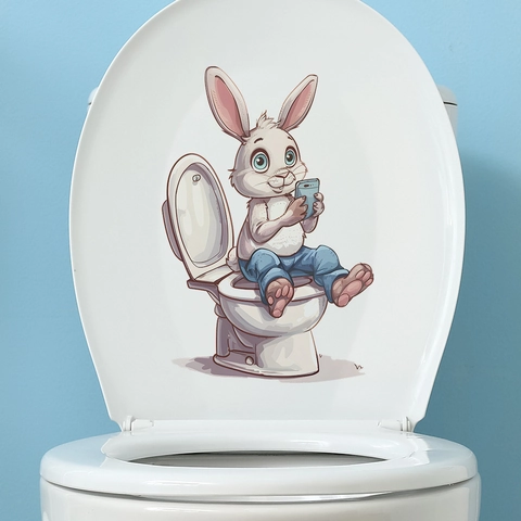 Lustiger Hase Sitzt Auf Der Toilette Und Spielt Mit Dem Handy Badezimmer Aufkleber PVC Wasserdicht Abnehmbar WC Deckel Deko