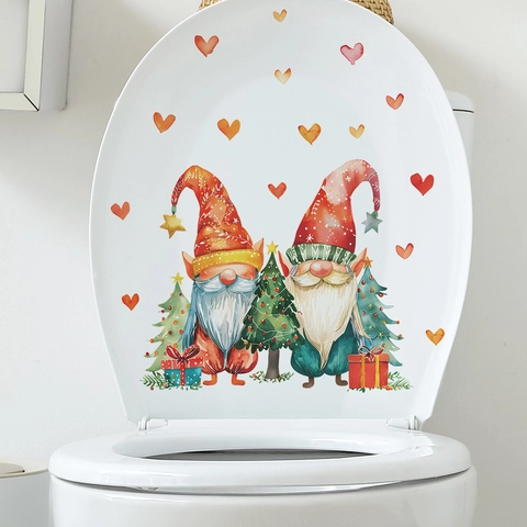 Christmas Gnomes PVC Toilet Stickers Waterproof Bathroom Decoration With Heart Pattern Xmas Tree Wall Art Decal For Home