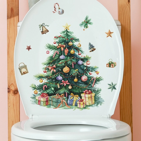 Adesivo per Coperchio WC Albero di Natale ad Acquerello PVC Removibile Decalcomania Festiva Con Regali Stelle Bagno Casa
