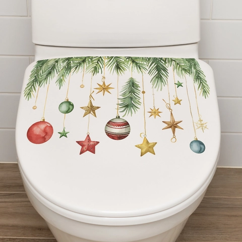Adesivo per Coperchio del Gabinetto di Natale Ramo di Pino Stella Palla Decor Acquerello PVC Bagno Adesivo da Parete Decorativo