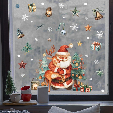Weihnachten Weihnachtsmann Rentier Fensteraufkleber Statisch Haftend PVC Aufkleber Für Glasdekoration Xmas Festliche Party Ornamente