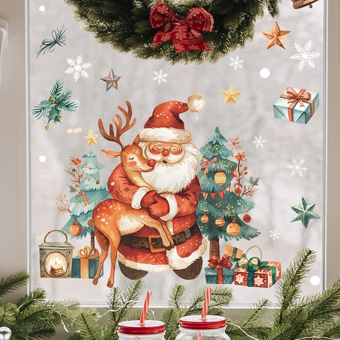Weihnachten Weihnachtsmann Rentier Fensteraufkleber Statisch Haftend PVC Aufkleber Für Glasdekoration Xmas Festliche Party Ornamente