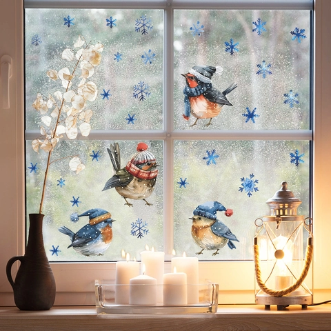 Pegatinas Navideñas para Ventanas con Pájaros en Acuarela y Copos de Nieve Adhesivos de PVC para Vidrio Decoración Hogar