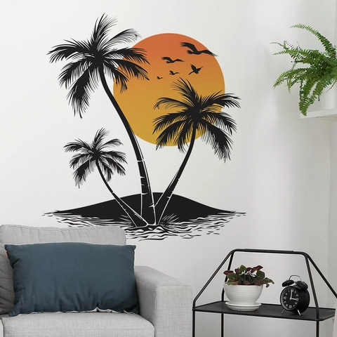 Adesivo Murale Tramonto Tropicale Palme Silhouette Alberi di Cocco Gabbiani Spiaggia Decalcomania Per Soggiorno Camera da Letto