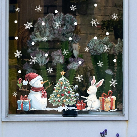 Kerst Sneeuwpop Kerstboom Vensterstickers UV Statische Adsorptie PVC Decals Voor Glazen Deur Thuis Vakantie Decoratie