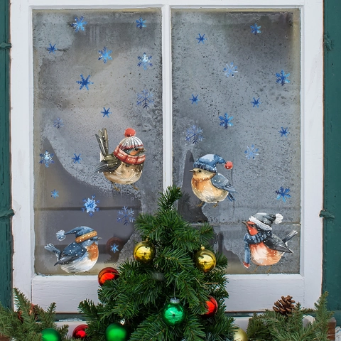 Pegatinas Navideñas para Ventanas con Pájaros en Acuarela y Copos de Nieve Adhesivos de PVC para Vidrio Decoración Hogar