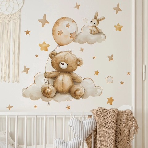 Adesivi Murali Cartone Animato Orso Nuvola Coniglio Stella Acquerello Dipinto a Mano Impermeabile DIY Decorazione per Bambini