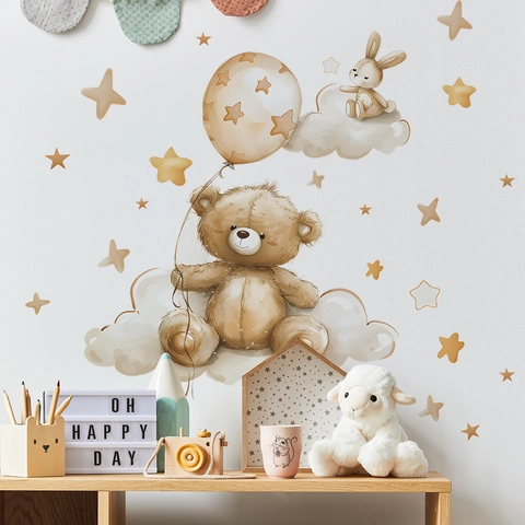 Adesivi Murali Cartone Animato Orso Nuvola Coniglio Stella Acquerello Dipinto a Mano Impermeabile DIY Decorazione per Bambini