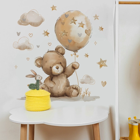 Aquarel Cartoon Beer Konijn Ballon Muursticker Voor Kinderkamer Dieren Sterren Wolken Verwijderbare PVC Wandsticker Slaapkamer Huisdecoratie