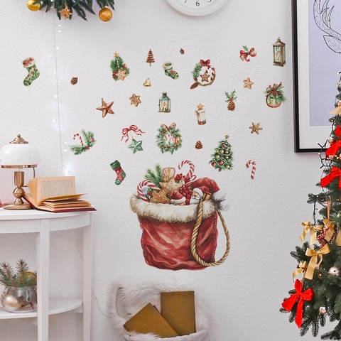Christmas Wall Stickers Santa Gift Bag Socks Watercolor Pattern DIY PVC Window Decal For Home Bedroom Living Room Festive Decor