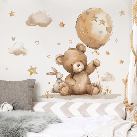Aquarel Cartoon Beer Konijn Ballon Muursticker Voor Kinderkamer Dieren Sterren Wolken Verwijderbare PVC Wandsticker Slaapkamer Huisdecoratie