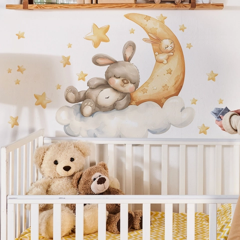 Cartoon Konijn Slapend Op Maan Wolk Muurstickers Voor Babykamer Decor Waterdicht PVC Aquarel Stijl DIY Muurstickers
