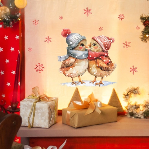 Kerst Vensterstickers Aquarel Schattige Vogels Sneeuwvlokken Statische Hechting PVC Decals Voor Glazen Deur Thuis Decor