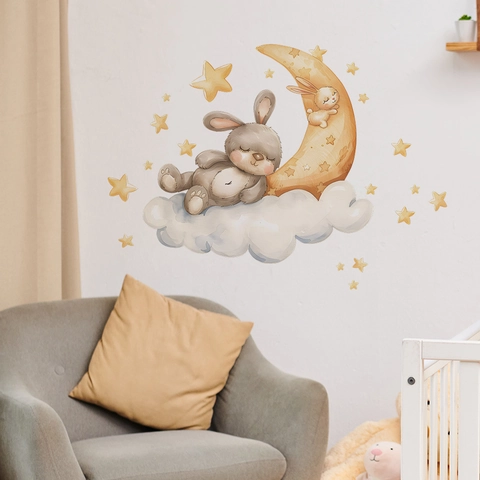 Cartoon Konijn Slapend Op Maan Wolk Muurstickers Voor Babykamer Decor Waterdicht PVC Aquarel Stijl DIY Muurstickers