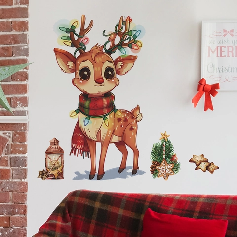 Cartoon Christmas Reindeer Wall Stickers PVC Waterproof Decorative Decals For Bedroom Living Room Holiday Home Decor