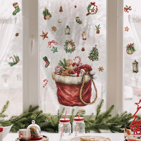 Christmas Wall Stickers Santa Gift Bag Socks Watercolor Pattern DIY PVC Window Decal For Home Bedroom Living Room Festive Decor