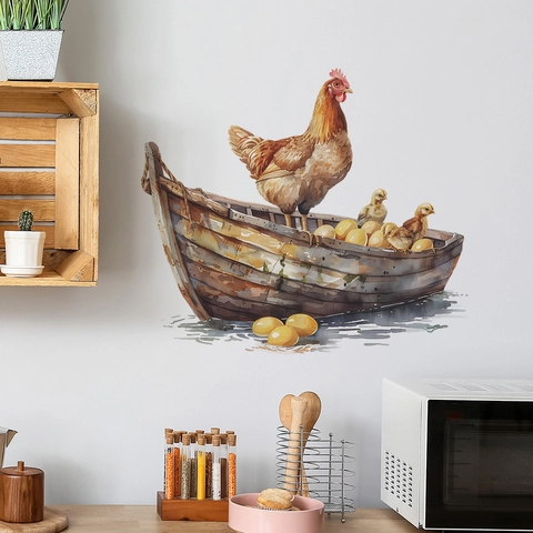 Aquarel Hen Kuiken En Eieren In Houten Boot Muursticker PVC Verwijderbaar Home Decor Voor Slaapkamer Woonkamer