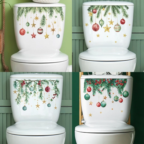 Adesivo per Coperchio del Gabinetto di Natale Ramo di Pino Stella Palla Decor Acquerello PVC Bagno Adesivo da Parete Decorativo