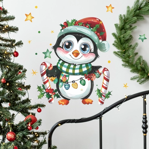 Pegatina de Ventana de Pingüino de Dibujos Animados de Navidad Gorro de Navidad Bastón Caramelo PVC Adhesivo de Pared Decorativo