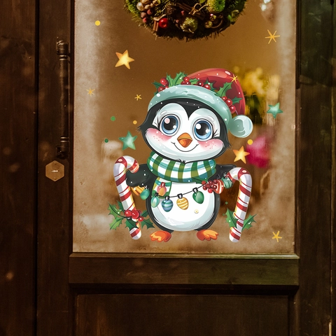 Pegatina de Ventana de Pingüino de Dibujos Animados de Navidad Gorro de Navidad Bastón Caramelo PVC Adhesivo de Pared Decorativo