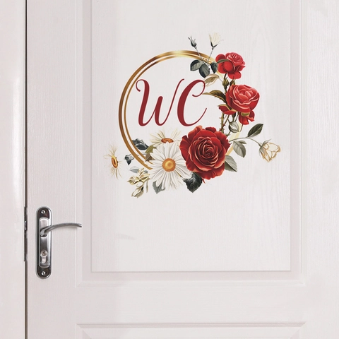 Adesivo per Porta del Bagno WC Ghirlanda Floreale di Rose e Margherite Anello d'Oro in PVC Impermeabile per Decorazione Casa