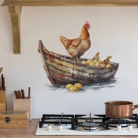 Aquarel Hen Kuiken En Eieren In Houten Boot Muursticker PVC Verwijderbaar Home Decor Voor Slaapkamer Woonkamer