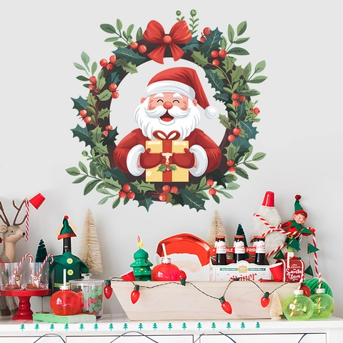 Cartoon Christmas Santa Claus Wreath Wall Sticker PVC Removable Decal For Living Room Bedroom Holiday Home Decoration