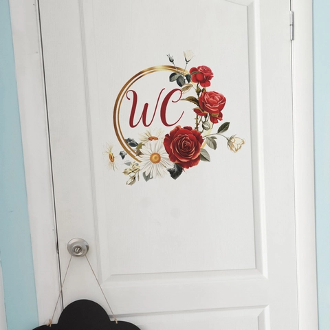 Adesivo per Porta del Bagno WC Ghirlanda Floreale di Rose e Margherite Anello d'Oro in PVC Impermeabile per Decorazione Casa