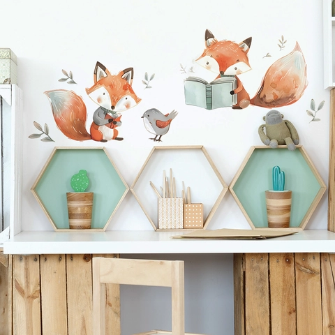 Autocollants Muraux Renard Dessin Animé Aquarelle Décalcomanies Auto-adhésives en PVC Pour Chambre d'Enfant Crèche