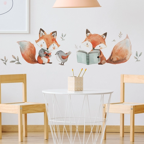 Autocollants Muraux Renard Dessin Animé Aquarelle Décalcomanies Auto-adhésives en PVC Pour Chambre d'Enfant Crèche