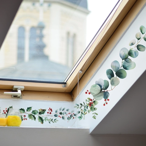 Pegatinas de Pared de Eucalipto y Acebo con Bayas Rojas PVC Impermeable Mural de Vid Botánica para Sala de Estar Dormitorio Cocina