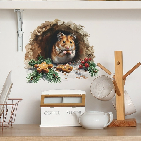 Natale 3D Criceto Nel Buco Adesivo Da Parete Simpatico Animale Che Mangia Biscotto Decalcomania Per Casa Cucina Soggiorno