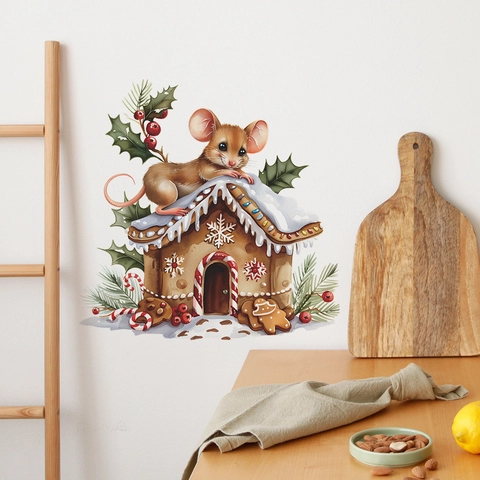 Kerst Peperkoekhuisje Muis Muursticker PVC Cartoon Dier Sticker Voor Slaapkamer Woonkamer Feestelijke Feestdagen Huisdecoratie Kunst