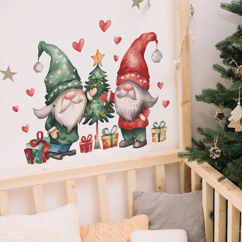 Christmas Gnome Wall Sticker PVC Watercolor Christmas Tree Heart Decal For Bedroom Living Room Holiday Home Decor