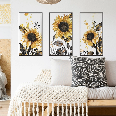 Pegatina de Pared Tríptico de Girasol Minimalista Moderno Calcomanías de PVC Florales Para Sala de Estar Dormitorio Hogar