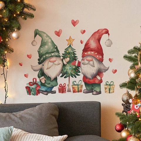 Christmas Gnome Wall Sticker PVC Watercolor Christmas Tree Heart Decal For Bedroom Living Room Holiday Home Decor