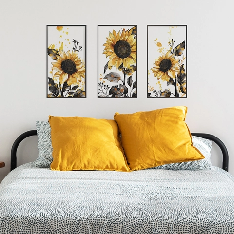 Pegatina de Pared Tríptico de Girasol Minimalista Moderno Calcomanías de PVC Florales Para Sala de Estar Dormitorio Hogar