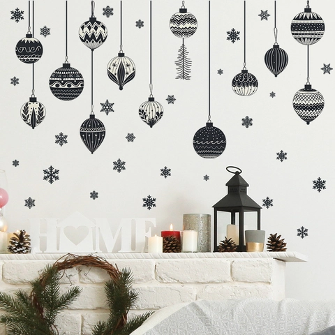 Pegatinas de Pared de Navidad Retro Bolas y Copos de Nieve de PVC Negro Ornamentos Colgantes para Salón Dormitorio Decoración